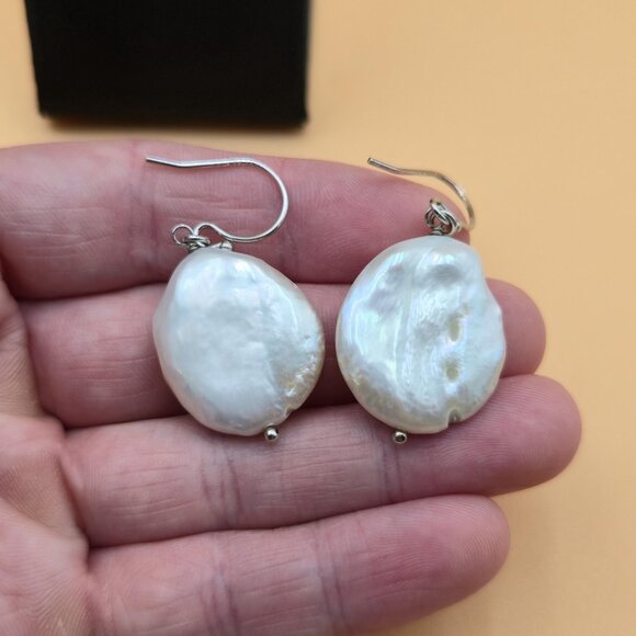 Sterling Silver Large Genuine Pearl Dangle Earrings A5275 - Picture 3 of 6